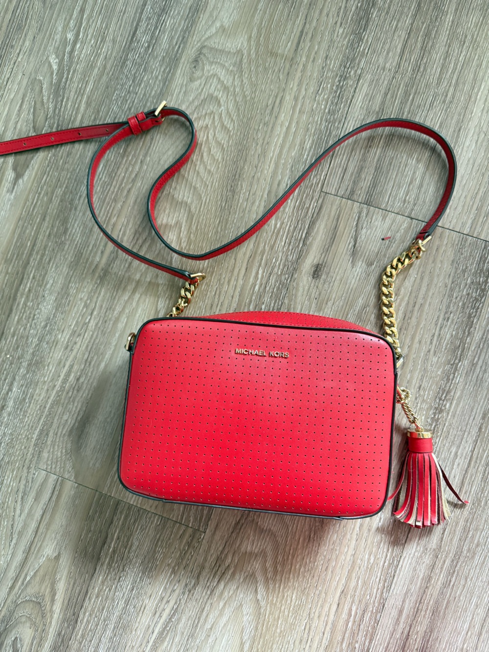 Michael Kors Red Perforated Leather Crossbody with Gold Chain